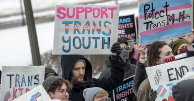 Protesters hold signs reading "support trans youth"