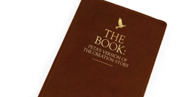 PETA Bible cover reading "The Book: PETA's Version of The Creation Story"