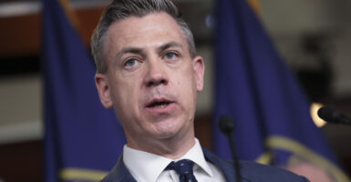 Authorities have charged a man with intimidating and harassing a United States congressman after the man threatened the lives of Republican Indiana Rep. Jim Banks and his daughters. Pictured: Banks speaks at a House Republican news conference on energy policy at the U.S. Capitol on March 08, 2022 in Washington, DC. The Republicans said they support Biden's ban on Russian oil imports but urged for increase domestic production to help curb high gas prices. (Photo by Kevin Dietsch/Getty Images)