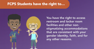 Text on screen shows two children and a message about restroom access according to gender identity