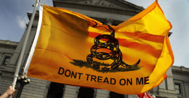 A Gadsden flag reading "Don't Tread on Me" with a rattlesnake waves in front of the Colorado State Capitol