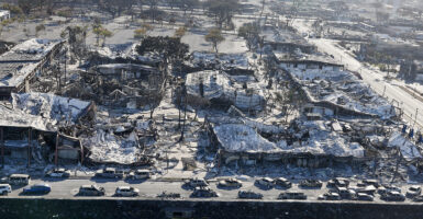 Buildings and cars burned out in Lahaina, Maui, Hawaii