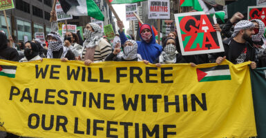 Protesters hold signs reading "We will free Palestine within our lifetime" and "honor our martyrs"