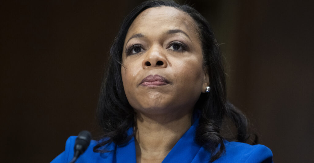 Kristen Clarke in a blue top