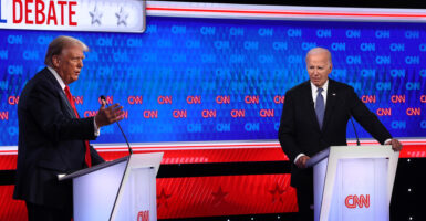 ATLANTA, GEORGIA - JUNE 27: U.S. President Joe Biden (R) and Republican presidential candidate, former U.S. President Donald Trump participate in the CNN Presidential Debate at the CNN Studios on June 27, 2024 in Atlanta, Georgia. President Biden and former President Trump are facing off in the first presidential debate of the 2024 campaign. (Photo by Justin Sullivan/Getty Images)
