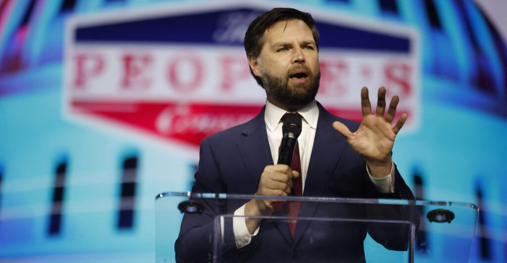 US Sen, J. D. Vance, (R-OH) addresses the conservative Turning Point People's Convention on June 16, 2024 at Huntington Place in Detroit, Michigan. (Photo by JEFF KOWALSKY/AFP via Getty Images)
