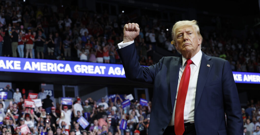 GRAND RAPIDS, MICHIGAN - JULY 20: Republican presidential nominee, former U.S. President Donald Trump walks offstage after speaking at a campaign rally at the Van Andel Arena on July 20, 2024 in Grand Rapids, Michigan. (Photo by Anna Moneymaker/Getty Images)