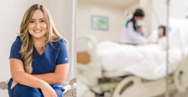 Vanessa Sivadge in a blue t-shirt and a stock photo of a doctor treating a patient