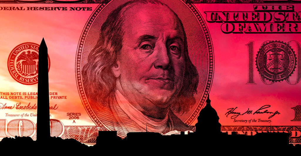 Hundred dollar bill set behind back skyline of D.C.