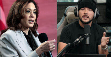 Split screen shows Kamala Harris and Tim Pool