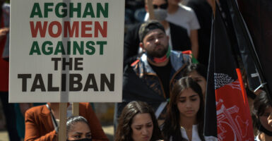 Afghan emigres and others in Edmonton, Alberta, Canada, protest the Taliban's taking over in Afghanistan.