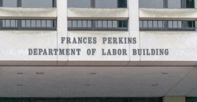 The front doorway of the Frances Perkins Department of Labor Building in Washington, D.C.
