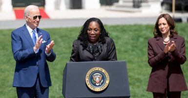 Ketanji Brown Jackson speaks between President Joe Biden and Vice President Kamala Harris