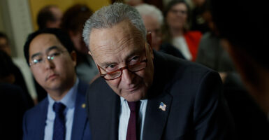 Senate Majority Leader Chuck Schumer, in a black suit and glasses, stares ominously during a conference.