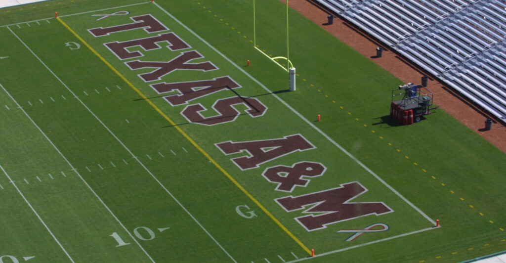 The Texas A&M logo on its football field