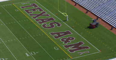 The Texas A&M logo on its football field