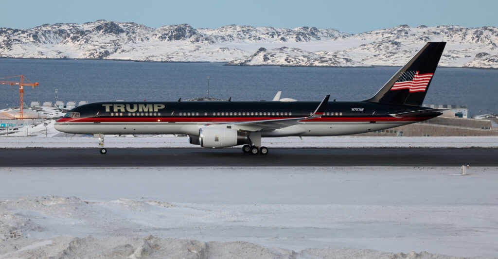 Donald Trump's private jet arrives in Greenland with his son aboard.
