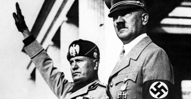 Nazi Germany's Adolf Hitler (right) and Italy's fascist dictator Benito Mussolini are seen together in Munich, Germany, in September 1937.