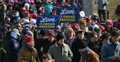 Pro-life activists rally on the National Mall in Washington, D.C., carrying signs reading "Love is ending abortion."