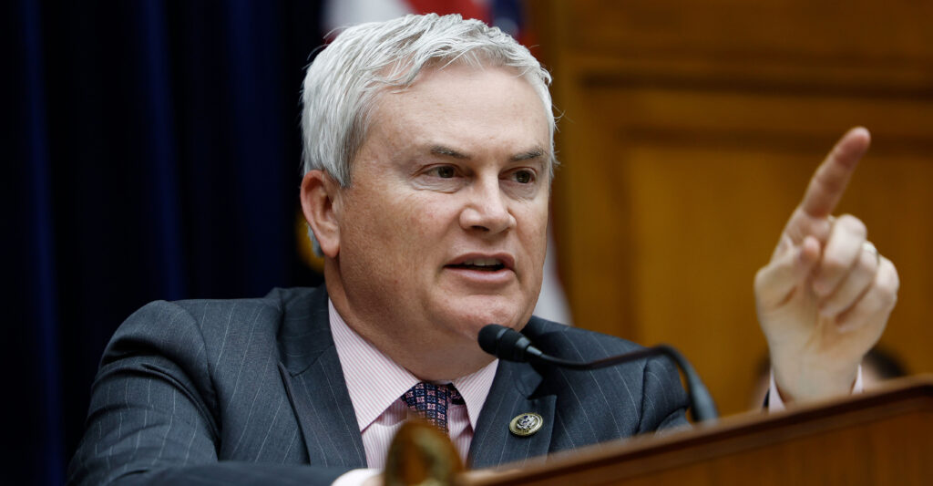 House Oversight and Accountability Committee Chairman Rep. James Comer wags a finger at a witness before his panel.