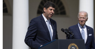 President Joe Biden and his then-nominee to lead the ATF, Steven Dettelbach, in the White House Rose Garden