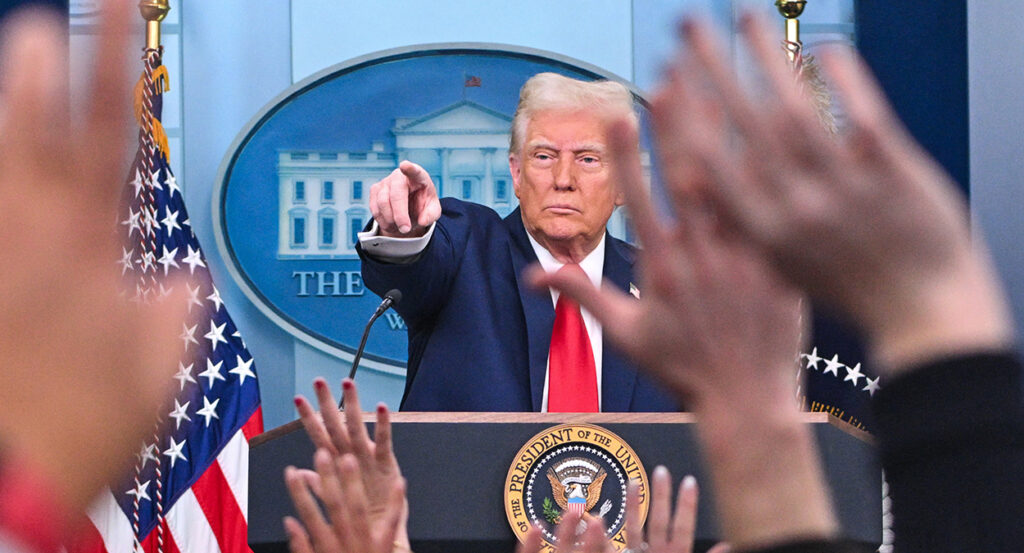 President Donald Trump takes questions Thursday during a press briefing.