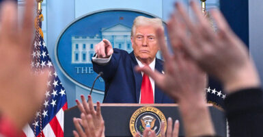President Donald Trump takes questions Thursday during a press briefing.