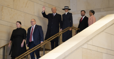 President Donald Trump, first lady Melania Trump, Vice President JD Vance, and second lady Usha Vance arrive in Emancipation Hall after inauguration at the Capitol.