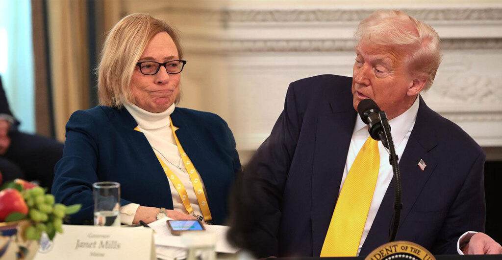 Maine Gov. Janet Mills, a Democrat, challenged President Donald Trump over transgender "women" in females’ sports as Trump addressed a meeting of governors at the White House on Feb. 21.