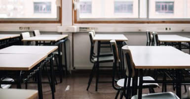 Image shows an empty classroom.
