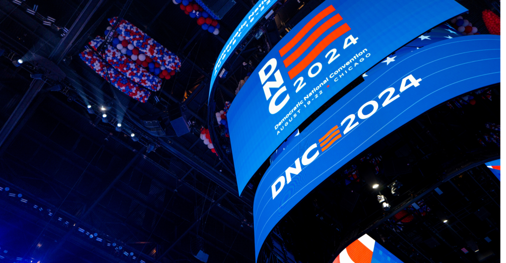 A sign displays the DNC logo at the Democratic National Convention at the United Center in Chicago in August.