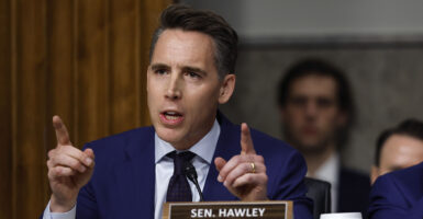 Sen. Josh Hawley, R-Mo., gestures during a Senate committee hearing.
