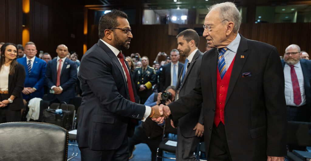 Sen. Chuck Grassley, R-Iowa, greets FBI Director-designate Kash Patel.