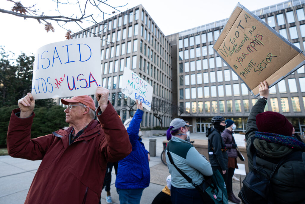Activists protest to "stop the Musk coup" outside the Office of Personnel Management in Washington on Monday.