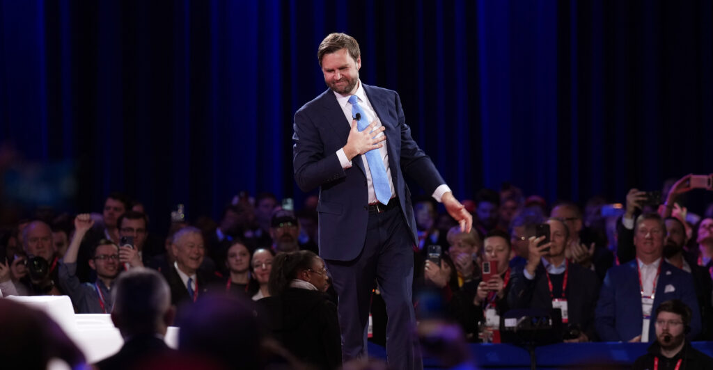 Vice President JD Vance before a crowd at the Conservative Political Action Conference on Thursday