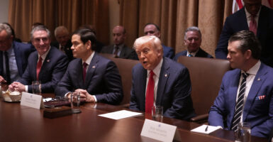 President Donald Trump meets for the time with his Cabinet on Wednesday. Secretary of State Marco Rubio is seated to Trump's right.
