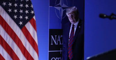 President Donald Trump arrives at a press conference at the 2018 NATO summit on July 12, 2018, in Brussels, Belgium.