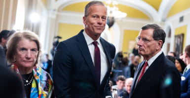 Sens. John Thune, R-S.D. (center), John Barrasso, R-Wyo., and Shelley Moore Capito, R-W.Va.