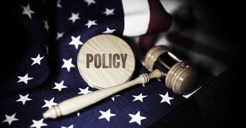 A judge's gavel rests on an American flag, alongside a round wooden disc with the word "policy" written on it.