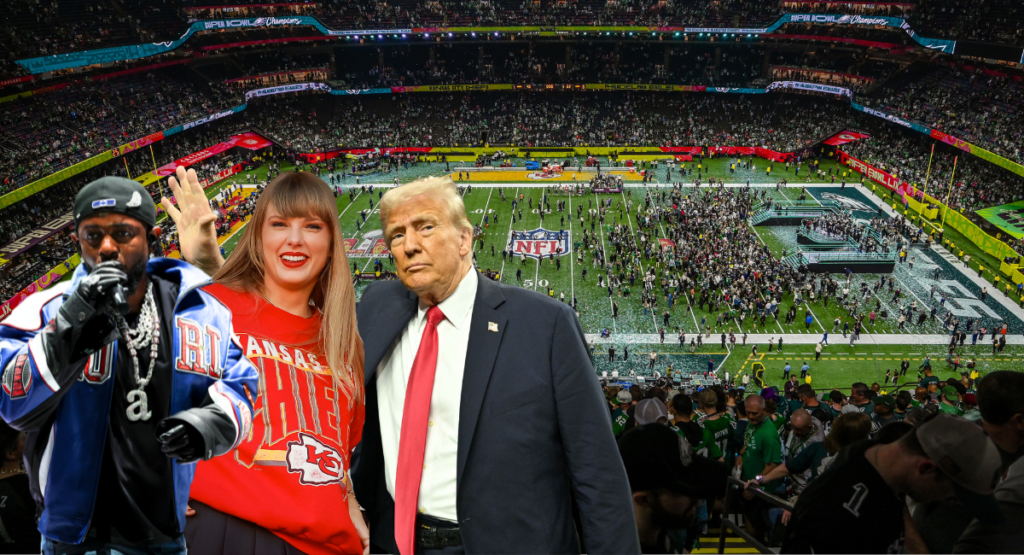 A collage of Kendrick Lamar, Taylor Swift, and President Donald Trump superimposed in front of the Super Bowl LIX field.