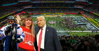 A collage of Kendrick Lamar, Taylor Swift, and President Donald Trump superimposed in front of the Super Bowl LIX field.