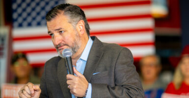 Ted Cruz in a suit without a tie leans in in front of an American flag