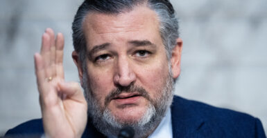 Ted Cruz in a suit holds up his hand