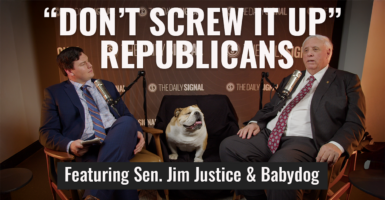 Sen. Jim Justice and Babydog on set of this week’s “The Signal Sitdown with Bradley Devlin”