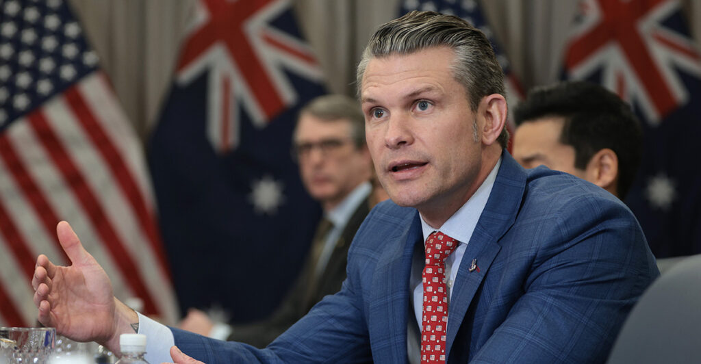 Secretary of Defense Pete Hegseth speaks to reporters Friday during a visit to the Pentagon by two Australian officials.
