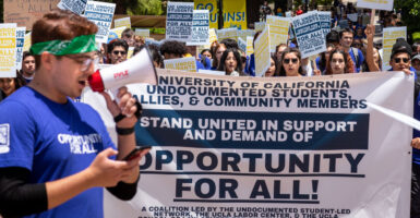 Students protesting holding signs and banners, rallying for illegal immigrants