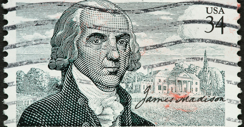 An artist's rendering of Founding Father James Madison—who was the fourth president, serving from 1809 to 1817—was featured on a 34-cent first-class postage stamp in 2001.