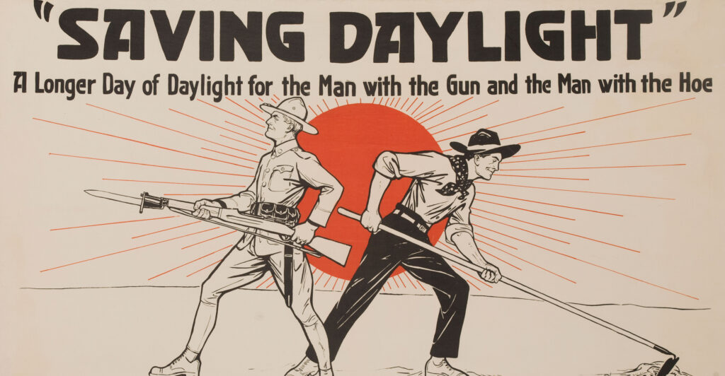 A farmer and a soldier enjoy the benefits of "a longer day" provided by daylight saving, circa 1917, in an ad produced by the United Cigar Stores Co.