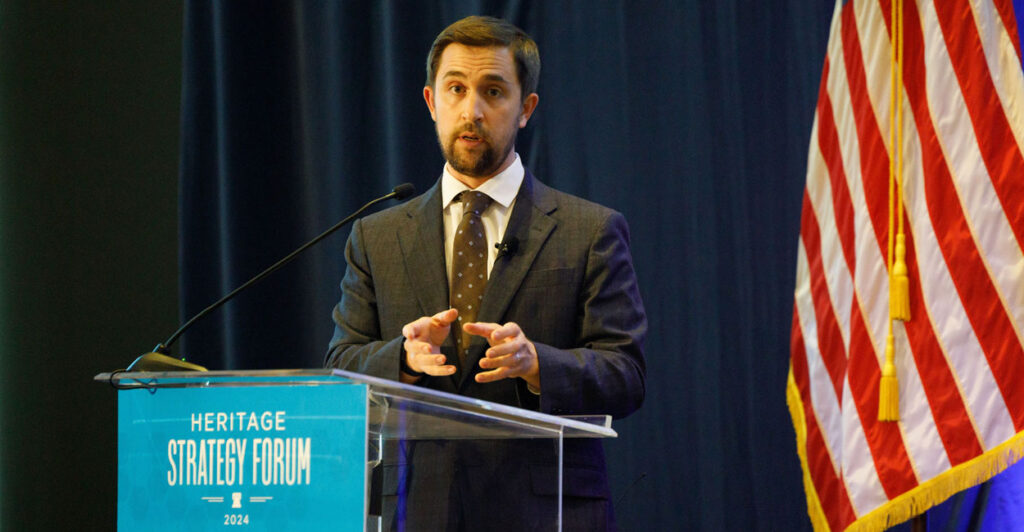 Christopher Rufo speaks at a Heritage Foundation event.
