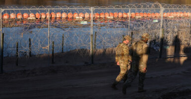 U.S. Army soldiers patrol the U.S.-Mexico border at Eagle Pass, Texas.